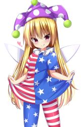 Rule 34 | 1girl, :q, american flag dress, american flag legwear, blonde hair, blush, clownpiece, commentary request, fairy wings, hat, heart, highres, jester cap, licking lips, long hair, looking at viewer, neck ruff, pantyhose, purple hat, red eyes, sabana, short sleeves, simple background, skirt hold, solo, striped clothes, striped pantyhose, tongue, tongue out, touhou, white background, wings