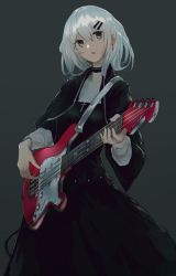 Rule 34 | 1girl, bad id, bad pixiv id, bass guitar, collarbone, cross, cross necklace, earrings, grey background, hair ornament, hairclip, holding, holding instrument, instrument, jewelry, looking at viewer, necklace, original, parted lips, short hair, simple background, swav, white hair