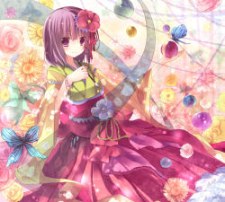 1girl bad_id bad_pixiv_id ball bug butterfly calligraphy_brush female_focus flower hair_flower hair_ornament hieda_no_akyuu insect japanese_clothes paintbrush plant purple_eyes purple_hair short_hair solo sushimekabu touhou