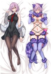 Rule 34 | 1girl, animal ears, bare shoulders, black dress, black pantyhose, blush, breasts, cleavage, dakimakura (medium), dress, elbow gloves, fate/grand order, fate (series), glasses, gloves, gluteal fold, hair over one eye, highres, hood, hooded jacket, isao, jacket, large breasts, light purple hair, looking at viewer, lying, mash kyrielight, mash kyrielight (dangerous beast), multiple views, navel, necktie, official alternate costume, on back, open mouth, pantyhose, purple eyes, purple gloves, purple hair, purple thighhighs, short hair, sleeveless, sleeveless dress, tail, thighhighs