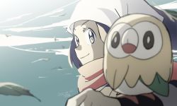 Rule 34 | 1girl, akari (pokemon), black hair, blurry, closed mouth, commentary request, creatures (company), dated, falling leaves, floating hair, game freak, gen 7 pokemon, head scarf, highres, leaf, long hair, nintendo, pokemon, pokemon (creature), pokemon legends: arceus, pokemon on arm, rowlet, scarf, signature, smile, ueda hanako, white headwear