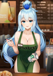 Rule 34 | 1girl, :d, apron, aqua (konosuba), artist name, badge, beads, blue eyes, blue hair, blurry, blurry background, blurry foreground, breasts, character name, cinnamon roll, cleavage, clothes writing, collarbone, commentary, cowboy shot, cup, depth of field, disposable cup, english commentary, green apron, hair beads, hair between eyes, hair ornament, highres, holding, holding cup, holding marker, iced latte with breast milk (meme), kono subarashii sekai ni shukufuku wo!, large breasts, long hair, looking at viewer, marker, meme, menu board, naked apron, name tag, open mouth, pov, pov hands, sasoura, smile, solo focus, starbucks, textless version, very long hair
