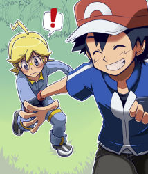 Rule 34 | !, 2boys, ^ ^, ^o^, ahoge, ash ketchum, baseball cap, black hair, blonde hair, blue eyes, blue jumpsuit, blue track suit, blush, clemont (pokemon), closed eyes, creatures (company), forest, game freak, glasses, grin, hat, holding another&#039;s wrist, jumpsuit, multiple boys, nature, nintendo, pokemon, pokemon (anime), pokemon xy (anime), raia26, red headwear, running, smile, spiked hair, tagme, yaoi