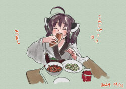 Rule 34 | 1girl, ^ ^, ahoge, bowl, bread, brown hair, closed eyes, dated, eating, facing viewer, food, food request, green background, headgear, holding, holding food, japanese clothes, kimono, lamb (hitsujiniku), long sleeves, obi, open mouth, plate, right-over-left kimono, sash, simple background, sitting, solo, table, teeth, touhoku kiritan, translation request, twintails, upper body, upper teeth only, voiceroid, white kimono, wide sleeves