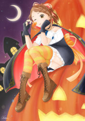 Rule 34 | 1girl, 22/7, absurdres, blouse, boots, brown eyes, brown hair, candy, cross-laced footwear, fingerless gloves, food, frilled thighhighs, frills, from below, full body, gloves, halloween, head rest, highres, jack-o&#039;-lantern, kono miyako, lace-up boots, lollipop, miniskirt, orange thighhighs, outdoors, ponytail, purple sky, shirt, sitting, skirt, sky, striped clothes, striped thighhighs, thigh boots, thighhighs, wattpic, white shirt