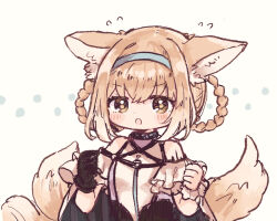 Rule 34 | 1girl, animal ear fluff, animal ears, arknights, bare shoulders, black collar, black gloves, blonde hair, blue hairband, blush, braid, braided hair rings, clenched hands, collar, commentary request, dress, fox ears, fox girl, fox tail, frilled sleeves, frills, gloves, hair between eyes, hair rings, hairband, hands up, iipoyo (364poyo), infection monitor (arknights), kitsune, kyuubi, material growth, multiple tails, open mouth, oripathy lesion (arknights), short sleeves, single glove, solo, suzuran (arknights), tail, twin braids, upper body, yellow eyes