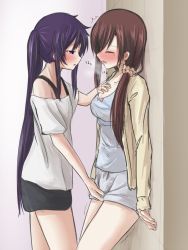 Rule 34 | 2girls, 5tb, against wall, bare legs, blush, bow, breasts, breath, brown hair, cardigan, clothed sex, ebisuzawa kurumi, closed eyes, female focus, fingering, fingering through clothes, gakkou gurashi!, hand on own chest, long hair, looking at another, mole, mole under eye, multiple girls, open mouth, pajamas, purple hair, scrunchie, shorts, sidelocks, thighs, through clothes, trembling, twintails, very long hair, wakasa yuuri, yuri