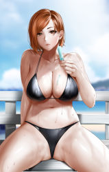 Rule 34 | 1girl, bench, bikini, black bikini, breasts, brown eyes, brown hair, closed mouth, cloud, collarbone, easonx, food, food on body, food on breasts, highres, holding, holding food, jujutsu kaisen, kugisaki nobara, large breasts, lips, looking at viewer, navel, outdoors, popsicle, popsicle stick, short hair, sitting, sky, solo, stomach, swimsuit, thighs, wet