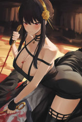Rule 34 | 1boy, 1girl, absurdres, ass, bare shoulders, black choker, black dress, black hair, black thighhighs, blood, blood on breasts, bloody weapon, blush, breasts, choker, closed mouth, collarbone, corpse, dagger, dress, dual wielding, faceless, faceless male, fingerless gloves, flower, gloves, gold hairband, hair flower, hair ornament, hairband, highres, holding, holding dagger, holding knife, holding weapon, knife, large breasts, murder, off-shoulder dress, off shoulder, red eyes, rororo, rose, solo focus, spikes, spy x family, stab, stiletto (weapon), taut clothes, taut dress, thighhighs, thighs, weapon, yor briar