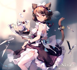 Rule 34 | 1girl, animal ears, blue bow, blush, bow, breasts, brown eyes, brown hair, cake, cake slice, cat ears, cat tail, clothes lift, copyright name, cup, food, hair bow, holding, holding tray, kittyeyes, kittyeyes (sdorica -sunset-), knife, looking at viewer, maid, medium breasts, official art, sdorica, skirt, skirt lift, slit pupils, solo, standing, sugar cube, swept bangs, tail, teacup, teapot, tennohi, thighhighs, tray, watermark, white bow, white thighhighs, wrist cuffs