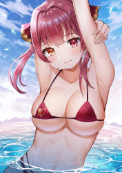 Rule 34 | 1girl, absurdres, arm up, armpits, bikini, blue sky, blunt bangs, blush, breasts, closed mouth, cloud, collarbone, day, ebinomi, hair ribbon, heterochromia, highres, hololive, houshou marine, large breasts, looking at viewer, outdoors, partially submerged, red bikini, red eyes, red hair, red ribbon, ribbon, short hair, sky, smile, solo, swimsuit, twintails, virtual youtuber, water, wet, yellow eyes