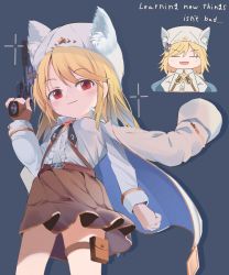 Rule 34 | 1girl, animal ear fluff, blonde hair, brown skirt, character request, chibi, chibi inset, closed eyes, closed mouth, commentary request, english text, girls&#039; frontline, gun, hand up, handgun, highres, holding, holding gun, holding weapon, light blush, long hair, long sleeves, looking at viewer, ma40414, multiple views, nagant m1895, nagant revolver (mod3) (girls&#039; frontline), open mouth, red eyes, revolver, shirt, simple background, skirt, smile, weapon, white headwear, white shirt