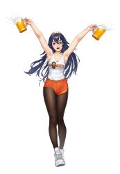 Rule 34 | 1girl, :d, absurdres, alcohol, armpits, arms up, bare arms, bare shoulders, beeeeen, beer, beer mug, blue eyes, blue hair, brand name imitation, breasts, brown pantyhose, character print, cleavage, commentary request, commission, cup, fingernails, fire emblem, fire emblem awakening, foam, full body, hair between eyes, highres, holding, holding cup, hooters, logo parody, long hair, looking at viewer, lucina (fire emblem), medium breasts, mismatched pupils, mug, nintendo, open mouth, orange shorts, outstretched arms, pantyhose, pantyhose under shorts, pixiv commission, print tank top, ribbed socks, shoes, short shorts, shorts, side slit, side slit shorts, simple background, smile, sneakers, socks, solo, standing, symbol-shaped pupils, tank top, teeth, tiara, transparent background, very long hair, white footwear, white socks, white tank top