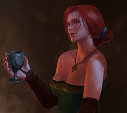 Rule 34 | 1girl, arm warmers, breasts, cleavage, dress, female focus, green dress, hair bun, jewelry, lips, long hair, necklace, realistic, red hair, single hair bun, the witcher (series), the witcher 3, triss merigold, upper body