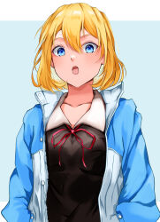 Rule 34 | 1girl, :o, absurdres, black dress, blonde hair, blue background, blue eyes, blue jacket, chokin tsucho, collarbone, collared dress, commentary request, dress, hair between eyes, hands in pockets, hayasaka ai, highres, jacket, kaguya-sama wa kokurasetai ~tensai-tachi no renai zunousen~, long sleeves, looking at viewer, neck ribbon, open clothes, open jacket, open mouth, red ribbon, ribbon, school uniform, solo, two-tone background, upper body, white background, white jacket