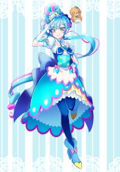 Rule 34 | 1girl, absurdres, artist name, back bow, blue background, blue bow, blue dress, blue eyes, blue hair, blue pantyhose, bow, brooch, closed mouth, clothing cutout, commentary, cure spicy, delicious party precure, doily, dress, full body, fuwa kokone, gloves, hair bow, hand on own hip, heart, heart brooch, highres, huge bow, jewelry, leg up, long hair, looking at viewer, magical girl, medium dress, miisu (minirose), multicolored hair, pam-pam (precure), pantyhose, pink hair, precure, puffy short sleeves, puffy sleeves, rope, salute, short sleeves, side ponytail, signature, smile, solo, standing, standing on one leg, streaked hair, very long hair, white gloves