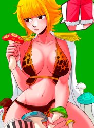 Rule 34 | 1boy, 1girl, absurdres, amazon warrior, bikini, blunt bangs, blush, breasts, cape, coolb art, epaulettes, green background, highres, holding, holding mushroom, looking to the side, marguerite (one piece), monkey d. luffy, mushroom, navel, one piece, red shorts, short hair, shorts, sidelocks, simple background, single thighhigh, squatting, striped clothes, striped thighhighs, swimsuit, thighhighs, vertical-striped clothes, vertical-striped thighhighs, white cape