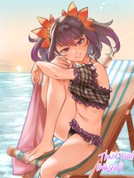 Rule 34 | 1girl, absurdres, artist name, barefoot, beach, beach chair, bikini, breasts, chair, commission, fingernails, flower, frilled swimsuit, frills, hair flower, hair ornament, highres, horizon, hugging own legs, kaze fukeba nanashi, long fingernails, looking at viewer, mole, mole under eye, nail polish, navel, ocean, pink nails, purple eyes, purple hair, skeb commission, small breasts, smile, solo, sun, sunset, swimsuit, symonne (tales), tales of (series), tales of zestiria, thank you, toenail polish, toenails, toes, twintails