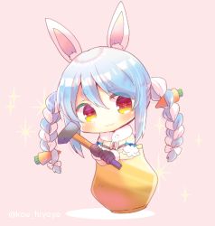 Rule 34 | 1girl, :3, animal ear fluff, animal ears, black gloves, blue hair, blush, bow, braid, brown background, carrot hair ornament, cauldron, chibi, closed mouth, commentary request, detached sleeves, dress, food-themed hair ornament, full body, getting over it, gloves, hair between eyes, hair bow, hair ornament, hammer, holding, hololive, in cauldron, in pot, kou hiyoyo, long hair, looking at viewer, multicolored hair, pot, puffy short sleeves, puffy sleeves, rabbit ears, red eyes, short eyebrows, short sleeves, sledgehammer, strapless, strapless dress, thick eyebrows, twin braids, twintails, twitter username, two-tone hair, usada pekora, usada pekora (1st costume), very long hair, virtual youtuber, white bow, white dress, white hair, white sleeves