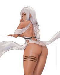 Rule 34 | 1girl, absurdres, ass, azur lane, bare shoulders, blush, breasts, closed mouth, dark-skinned female, dark skin, dress, facial mark, forehead mark, halter dress, halterneck, highres, large breasts, long hair, looking at viewer, looking back, massachusetts (azur lane), massachusetts (dressed to impress) (azur lane), native american, panties, rocher-hd, simple background, sleeveless, sleeveless dress, solo, standing, thighlet, thong, transparent background, underwear, white background, white dress, white hair, white panties