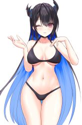 Rule 34 | 1girl, absurdres, asymmetrical horns, bikini, black bikini, black hair, blue hair, blush, breasts, closed mouth, collarbone, colored inner hair, cowboy shot, demon horns, hands up, highres, hololive, hololive english, horns, large breasts, long hair, looking at viewer, mole, mole on thigh, mole under eye, multicolored hair, navel, nerissa ravencroft, one eye closed, panpanmc4, red eyes, simple background, smile, solo, stomach, swimsuit, thigh gap, thighs, two-tone hair, very long hair, virtual youtuber, white background