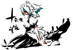 Rule 34 | 1girl, dain, female focus, izayoi sakuya, knife, maid, partially colored, red eyes, short hair, silver hair, solo, throwing knife, touhou, weapon, white background