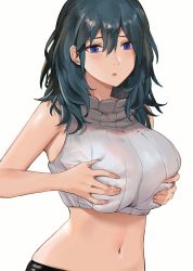 Rule 34 | 1girl, alternate costume, bare arms, bare shoulders, blue eyes, blue hair, breast hold, breasts, byleth (female) (fire emblem), byleth (fire emblem), crop top, fire emblem, fire emblem: three houses, hair between eyes, hands on own chest, j@ck, lactation, lactation through clothes, large breasts, long hair, navel, nintendo, simple background, sleeveless, sleeveless sweater, solo, stomach, sweater, upper body, white background