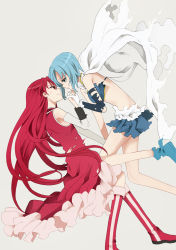 Rule 34 | 10s, 2girls, alternate hairstyle, bad id, bad pixiv id, blue hair, boots, cape, detached sleeves, dissolving clothes, eye contact, gloves, hair down, holding hands, long hair, looking at another, magical girl, mahou shoujo madoka magica, mahou shoujo madoka magica (anime), miki sayaka, multiple girls, red hair, sakura kyoko, short hair, simple background, skirt, smile, tears, tiihatanono, torn clothes, white gloves