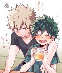 Rule 34 | 2boys, adapted costume, arm around shoulder, bakugou katsuki, black shirt, blonde hair, blush, boku no hero academia, commentary request, cup, drink, closed eyes, freckles, green hair, green shirt, highres, holding, holding cup, looking at another, male focus, midoriya izuku, morino (ktdk 0141), multiple boys, open mouth, pectorals, red eyes, scar, scar on arm, scar on hand, shirt, short hair, short sleeves, spiked hair, tears