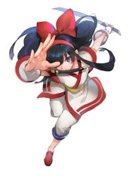Rule 34 | 1girl, black hair, bow, floating hair, hair bow, hair over one eye, holding, holding sword, holding weapon, huge bow, in mouth, japanese clothes, kimono, leaning forward, long hair, nakoruru, one eye covered, open hand, pagye, pants, purple eyes, red bow, red footwear, samurai spirits, sheath, solo, sword, weapon, white pants