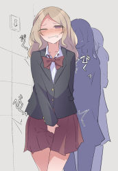 Rule 34 | 1girl, arm behind back, between legs, black jacket, blonde hair, blush, bow, bowtie, clenched teeth, collarbone, collared shirt, cowboy shot, embarrassed, female focus, flat chest, grey background, half-closed eye, hand between legs, have to pee, highres, indoors, jacket, long hair, long sleeves, miniskirt, nose blush, one eye closed, original, parted bangs, people, pleated skirt, pocket, purple eyes, queue, red bow, red bowtie, red skirt, school uniform, shirt, sidelocks, sign, skirt, solo focus, standing, teeth, thighs, tile wall, tiles, trembling, watakarashi, white shirt, wince