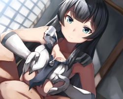Rule 34 | 10s, 1boy, 1girl, agano (kancolle), bad id, bad pixiv id, belko, black hair, blue eyes, breasts squeezed together, breasts, closed mouth, collarbone, cum, cum on body, cum on upper body, dutch angle, gloves, hetero, indoors, kantai collection, large breasts, looking at viewer, navel, paizuri, penis, projectile cum, smile, straight hair, torn clothes, white gloves, window