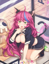 Rule 34 | 1girl, :p, ahoge, animal, animal ears, bare shoulders, black footwear, black jacket, black shirt, black skirt, blush, boots, bow, breasts, cat, cat ears, cat girl, cat tail, fang, finger to tongue, full body, hallohi, hand up, hanging breasts, highres, indoors, jacket, knee boots, kneeling, long hair, long sleeves, looking at viewer, medium breasts, multicolored hair, navel, nipples, no bra, off shoulder, open clothes, open jacket, open mouth, original, pink hair, purple bow, purple hair, school uniform, shirt, skirt, sleeves past elbows, solo, spaghetti strap, streaked hair, striped clothes, striped shirt, tail, tail bow, tail ornament, tongue, tongue out, two-tone hair, very long hair