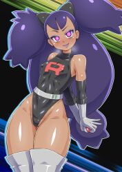 Rule 34 | 1girl, absurdres, adapted costume, alternate costume, big hair, black leotard, breast press, breasts, corruption, covered erect nipples, creatures (company), curvy, dark-skinned female, dark skin, earrings, game freak, gen 1 pokemon, gloves, glowing, glowing eyes, gym leader, heavy breathing, highleg, highleg leotard, highres, holding, holding poke ball, hypnosis, iris (pokemon), jewelry, latex, leotard, long hair, mind control, nintendo, nipples, no0o0n0o0on, partially visible vulva, pink eyes, poke ball, pokemon, pokemon bw, revealing clothes, shiny clothes, shiny skin, skin tight, small breasts, smile, solo, team rocket, team rocket uniform, thick thighs, thighhighs, thighs, twintails, very long hair, wide hips