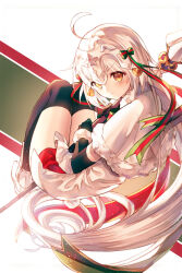 Rule 34 | ahoge, black gloves, bow, capelet, duplicate, fate/grand order, fate (series), fur-trimmed capelet, fur trim, gloves, green bow, hair ornament, headpiece, highres, jeanne d&#039;arc alter (avenger) (fate), jeanne d&#039;arc alter (fate), jeanne d&#039;arc alter santa lily (fate), kh (kh 1128), pixel-perfect duplicate, ribbon, striped ribbon, thighhighs, thighs, white capelet, yellow eyes
