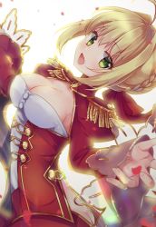 Rule 34 | 10s, 1girl, aestus estus, ahoge, ass, blonde hair, bow, braid, breasts, butt crack, buttons, cleavage, dress, epaulettes, fate/extra, fate/grand order, fate (series), french braid, gomano rio, green eyes, hair bow, hair bun, hair intakes, highres, holding, holding sword, holding weapon, juliet sleeves, long sleeves, looking at viewer, looking back, medium breasts, nero claudius (fate), nero claudius (fate) (all), nero claudius (fate/extra), open mouth, petals, puffy sleeves, red bow, red dress, red petals, rose petals, single hair bun, standing, sword, weapon, white background, wide sleeves