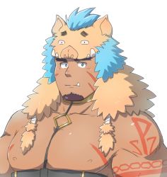 Rule 34 | 1boy, bara, bare pectorals, between pectorals, bodypaint, brown hair, character hood, chest harness, facial hair, goatee, goryou (housamo), gullinbursti (housamo), harness, hood, hood up, large pectorals, long sideburns, looking at viewer, male focus, muscular, muscular male, nipples, pectorals, pig hood, short hair, sideburns, solo, tokyo houkago summoners, tusks, underbust, upper body, yanutorie