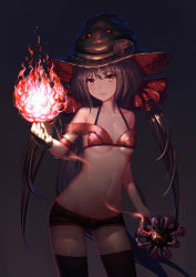 Rule 34 | 1girl, bare shoulders, black hair, black thighhighs, breasts, fire, gloves, groin, hat, long hair, magic, navel, original, red eyes, short shorts, shorts, single glove, small breasts, smile, solo, staff, thighhighs, twintails, underboob, witch, zimajiang