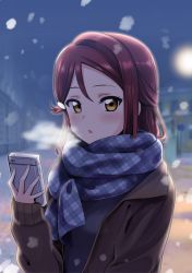Rule 34 | 1girl, :o, blue scarf, blurry, blurry background, blush, breath, brown coat, cellphone, coat, deadnooodles, depth of field, hair ornament, hairclip, highres, holding, holding phone, long hair, long sleeves, love live!, love live! sunshine!!, open clothes, open coat, open mouth, outdoors, phone, plaid, plaid scarf, red hair, sakurauchi riko, scarf, sleeves past wrists, smartphone, snowing, solo, tareme, town, upper body, yellow eyes
