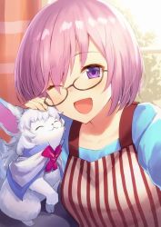 Rule 34 | 1girl, :3, ^ ^, alternate costume, apron, black-framed eyewear, blue shirt, closed eyes, curtains, day, fate/grand order, fate (series), fou (fate), hair over one eye, haru (hiyori-kohal), headpat, indoors, long sleeves, looking at viewer, mash kyrielight, one eye closed, open mouth, shirt, short hair, smile, solo, upper body, window