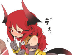 Rule 34 | 1girl, age regression, bar censor, bare shoulders, black gloves, blush, borrowed character, bracelet, censored, cum, cum in mouth, cum string, demon girl, demon tail, disembodied penis, elbow gloves, flaccid, gloves, henoeno, horns, jewelry, long hair, maou beluzel, open mouth, original, penis, red eyes, red hair, skull, solo focus, tail, tears, tongue, tongue out, veins, veiny penis, aged down