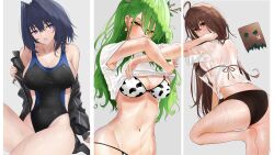 Rule 34 | 3girls, ahoge, animal print, arms at sides, arms up, ass, back, bandages, bare legs, barefoot, bikini, black bikini, blue eyes, blue hair, blush, braid, branch, breasts, brown eyes, brown hair, ceres fauna, cleavage, clothes lift, commentary, cow print, cow print bikini, earrings, english commentary, eyelashes, friend (nanashi mumei), from behind, green hair, grey background, hair between eyes, hair branch, hair intakes, highres, hololive, hololive english, jacket, jewelry, knee up, large breasts, long hair, looking back, messy hair, mole, mole under eye, multicolored hair, multiple girls, nanashi mumei, navel, one-piece swimsuit, ouro kronii, parted lips, print bikini, removing jacket, rynn 020, see-through, see-through shirt, shirt, shirt lift, sidelocks, sitting, stomach, streaked hair, summer, sweat, swimsuit, t-shirt, thick thighs, thighs, upper body, very long hair, virtual youtuber, wet, wet clothes, wet hair, wet shirt, yellow eyes