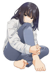 Rule 34 | 1girl, barefoot, black hair, blue pants, blush, closed mouth, feet, full body, grey eyes, hugging own legs, knee up, long hair, long sleeves, looking at viewer, mattaku mousuke, on ground, original, own hands together, pants, shadow, shirt, signature, simple background, sitting, soles, solo, toenails, toes, white background, white shirt