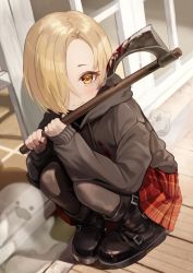 Rule 34 | 1girl, absurdres, ankle boots, axe, black footwear, black hoodie, black pantyhose, blonde hair, blood, blood on axe, bloody weapon, blush, boots, ghost, hair over one eye, highres, holding, holding axe, hood, hoodie, idolmaster, idolmaster cinderella girls, looking at viewer, mikan (mu cheogchu), one eye covered, pantyhose, plaid, plaid skirt, pleated skirt, red skirt, shirasaka koume, skirt, solo, squatting, weapon