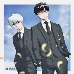 Rule 34 | 2boys, ao no exorcist, artist name, black-framed eyewear, black hair, blue eyes, blue sky, blurry, border, buttons, closed mouth, collared shirt, cowboy shot, day, dress shirt, dutch angle, formal, glasses, grey jacket, grey necktie, grey pants, grey suit, grey vest, hair between eyes, hands in pockets, highres, jacket, lapels, long sleeves, looking at viewer, male focus, multiple boys, necktie, notched lapels, okumura rin, okumura yukio, open clothes, open jacket, outside border, p45fmj, pants, petals, pocket, rectangular eyewear, shirt, short hair, sky, suit, suit jacket, three-piece suit, twitter username, vest, white border, white hair, white shirt