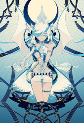 Rule 34 | 1girl, argyle, argyle clothes, argyle cutout, armlet, bare shoulders, belt, bridal garter, cape, clothing cutout, crescent moon, cropped legs, crown, expressionless, eyepatch, groin, highres, hip vent, holding, holding sword, holding weapon, jewelry, light rays, looking at viewer, midriff, moon, neck ring, original, ovos, parted lips, short shorts, shorts, sidelocks, solo, spikes, sword, teeth, thigh gap, v arms, weapon, white eyes, white hair, white wings, wings