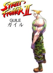 Rule 34 | 1990s (style), american flag, bengus, blonde hair, capcom, game, guile, military, muscular, official art, retro artstyle, soldier, street fighter, street fighter ii (series), tattoo, united states