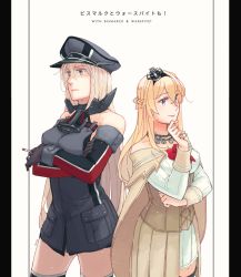 Rule 34 | 2girls, anchor, bare shoulders, bismarck (kancolle), black gloves, black legwear, blonde hair, blue eyes, braid, breasts, buttons, cape, chain, cigarette, closed mouth, collarbone, corset, cowboy shot, crossed arms, crown, dress, english text, flower, french braid, gloves, grabbing another&#039;s chin, hair between eyes, hair ornament, hairband, hand on another&#039;s chin, hat, holding, holding cigarette, jewelry, kantai collection, long hair, long sleeves, looking to the side, machinery, medium breasts, military, military hat, mini crown, multiple girls, necklace, off-shoulder dress, off shoulder, peaked cap, pleated skirt, red flower, red ribbon, red rose, ribbon, rose, shaded face, simple background, skirt, smile, thighhighs, very long hair, warspite (kancolle), weidashming, white background, white dress, white skirt