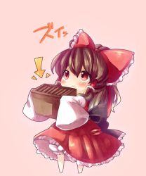 Rule 34 | 1girl, :&lt;, arrow (symbol), blush, bow, box, brown eyes, brown hair, chibi, detached sleeves, donation box, female focus, hair bow, hakurei reimu, highres, japanese clothes, looking up, miko, oversized clothes, simple background, solo, touhou, yuya (night lily)
