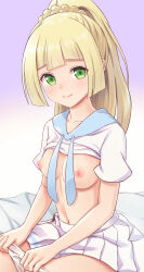 Rule 34 | 1girl, blonde hair, blunt bangs, blush, braid, breasts, breasts out, closed mouth, creatures (company), eyelashes, game freak, gradient background, green eyes, highres, lillie (pokemon), long hair, looking at viewer, medium breasts, n.g., nintendo, no bra, panties, pleated skirt, pokemon, pokemon sm, ponytail, shirt, short sleeves, sitting, skirt, smile, solo, split mouth, underwear, white panties, white shirt, white skirt